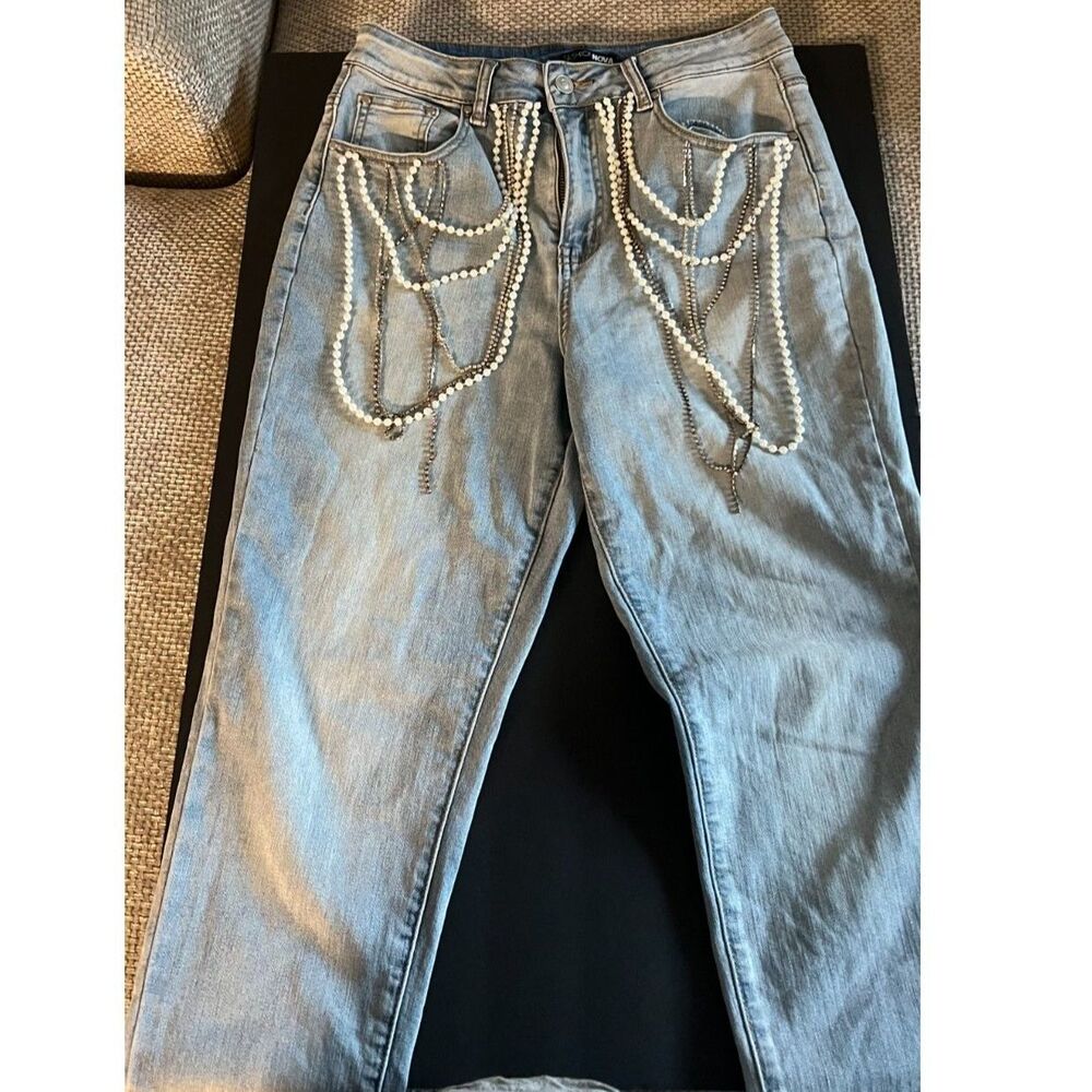 Fashion Nova Pearl Rhinestone Embellished Jeans Size 13 Y2K Light Wash